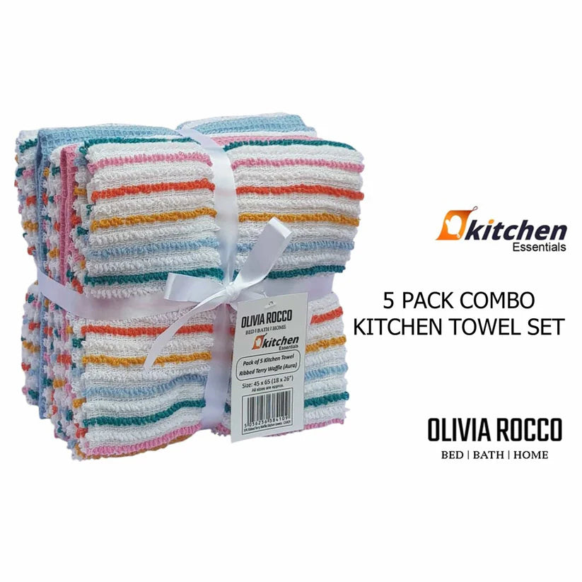 5 Pack Super Absorbent Cotton Kitchen Tea Towels Striped Quick Drying