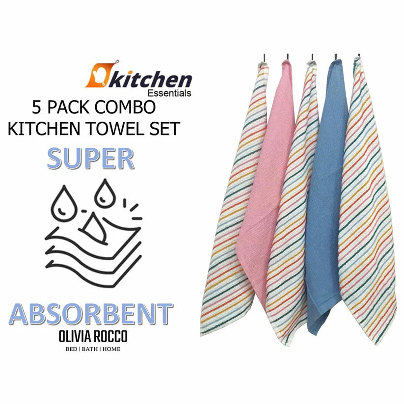 5 Pack Super Absorbent Cotton Kitchen Tea Towels Striped Quick Drying
