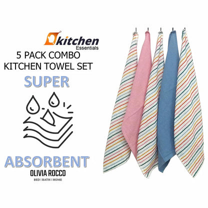 5 Pack Super Absorbent Cotton Kitchen Tea Towels Striped Quick Drying