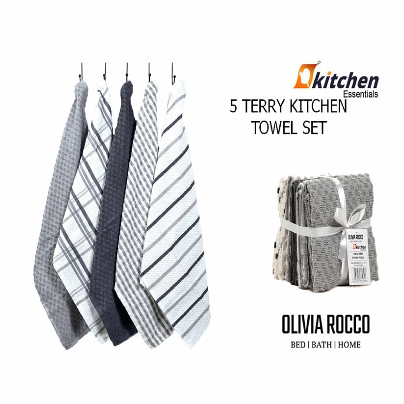 5 Pack Super Absorbent Check Quick Drying Cotton Terry Kitchen Tea Towels Durable Versatile Dish Towels for Home and Professional Use