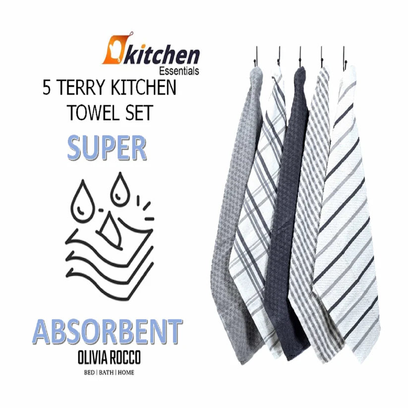 5 Pack Super Absorbent Check Quick Drying Cotton Terry Kitchen Tea Towels Durable Versatile Dish Towels for Home and Professional Use