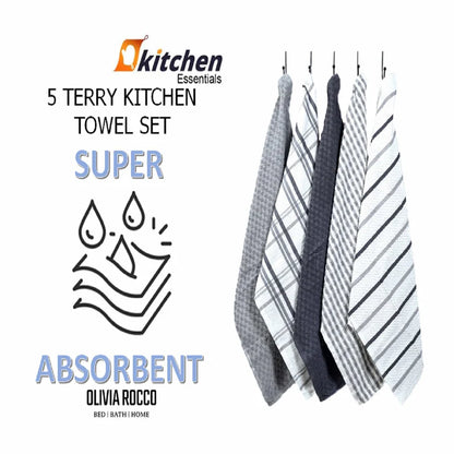 5 Pack Super Absorbent Check Quick Drying Cotton Terry Kitchen Tea Towels Durable Versatile Dish Towels for Home and Professional Use