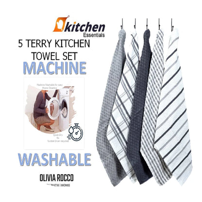 5 Pack Super Absorbent Check Quick Drying Cotton Terry Kitchen Tea Towels Durable Versatile Dish Towels for Home and Professional Use