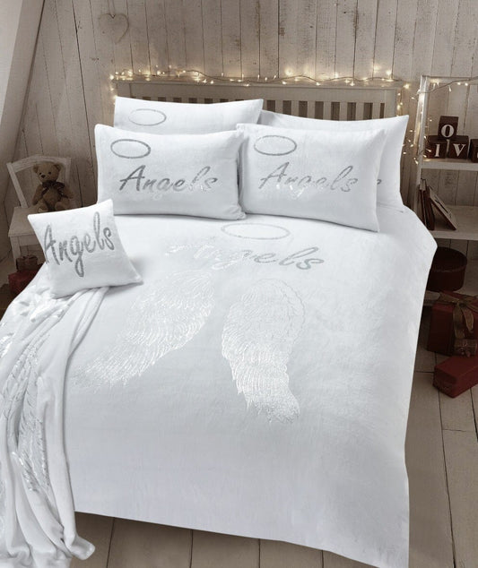 Angel Wings Luxurious Teddy Fleece Duvet Set Super Soft Faux Fur Bedding Pillow Cases Bed Throw Cushion in Pink White Grey