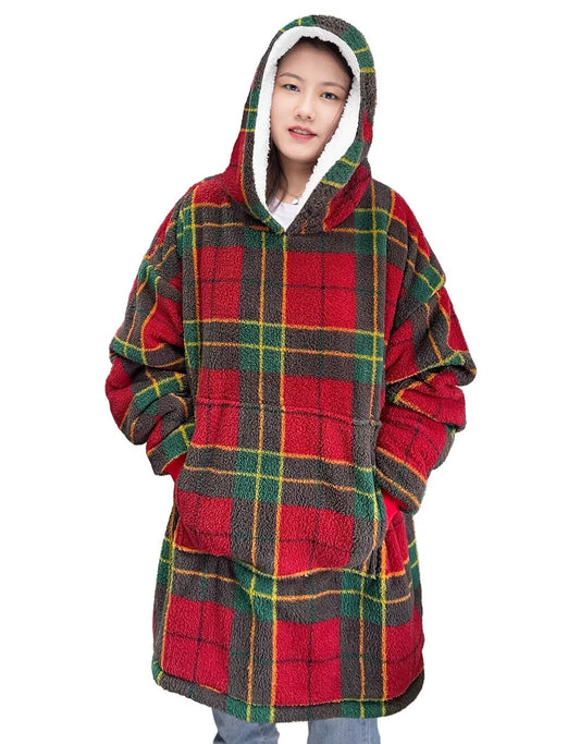 Oversized Tartan Check Hoodie Blanket – Wearable Teddy Fleece Hooded Blanket