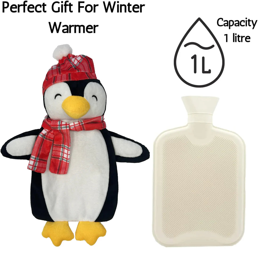 Christmas Hot Water Bottle with Festive Penguin Cover 1L Natural Rubber UK Safe Tested Winter Gift for Kids & Adults