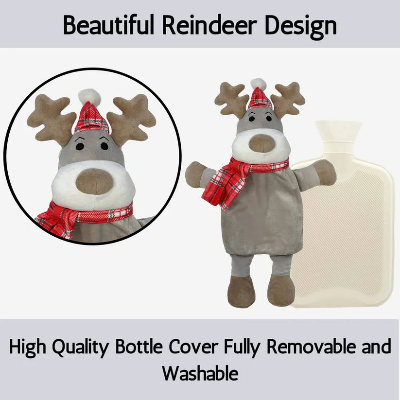 Christmas Hot Water Bottle with Festive Reindeer Cover 1L Natural Rubber UK Safe Tested Winter Gift for Kids & Adults