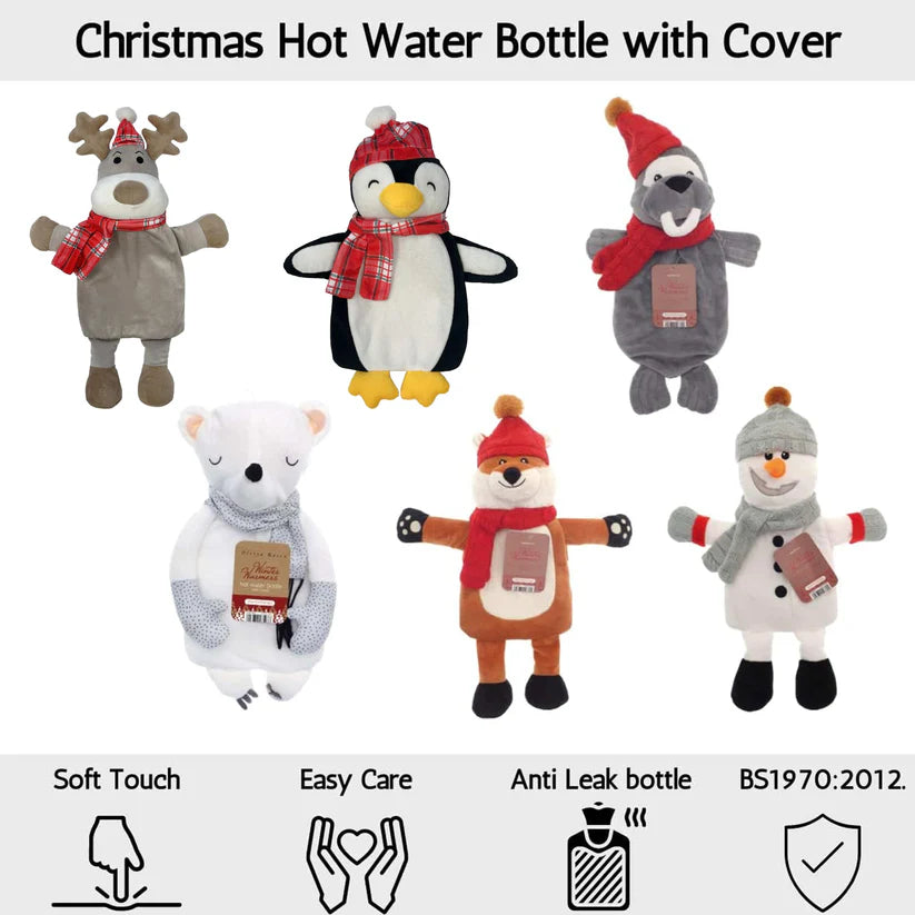 Christmas Hot Water Bottle with Festive Reindeer Cover 1L Natural Rubber UK Safe Tested Winter Gift for Kids & Adults