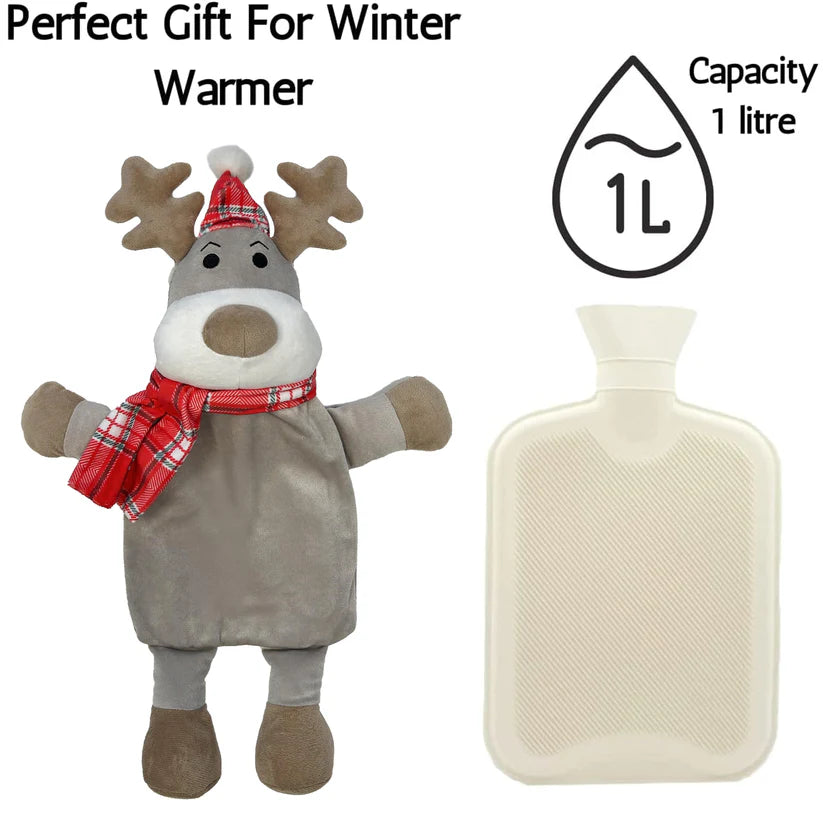 Christmas Hot Water Bottle with Festive Reindeer Cover 1L Natural Rubber UK Safe Tested Winter Gift for Kids & Adults
