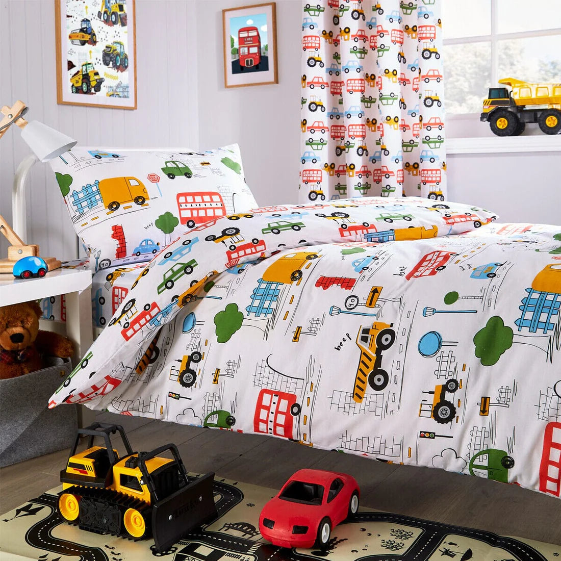 Construction Vehicle Vibrant Kids Duvet Set with Matching Pillowcase Optional Curtains