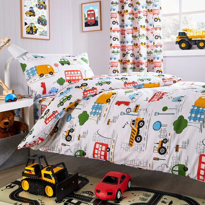 Construction Vehicle Vibrant Kids Duvet Set with Matching Pillowcase Optional Curtains