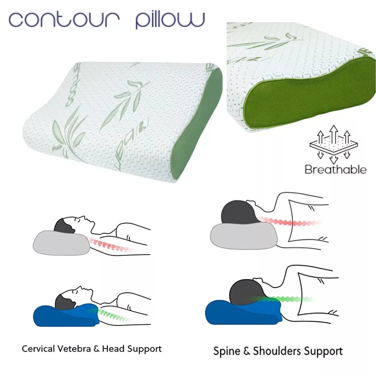 Contour Pillow Memory Foam Bamboo Removable Cover Orthopedic Head Neck Support