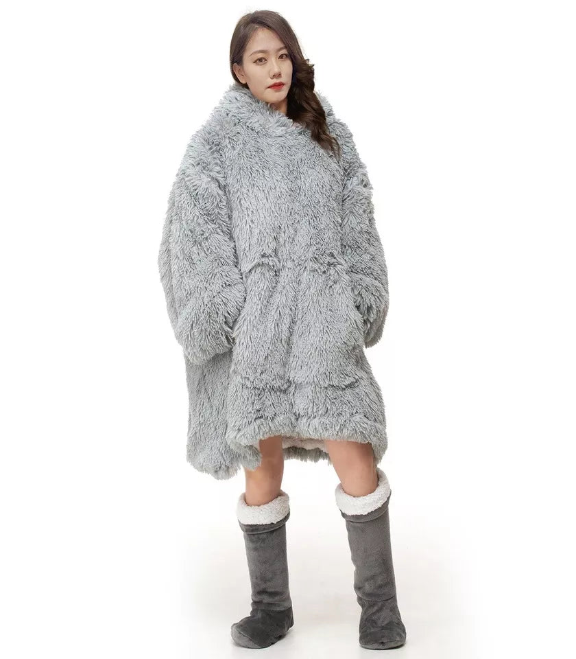 Blanket Hoodie Oversized Wearable Teddy Fleece Cuddles Long Fur Hodded Blanket