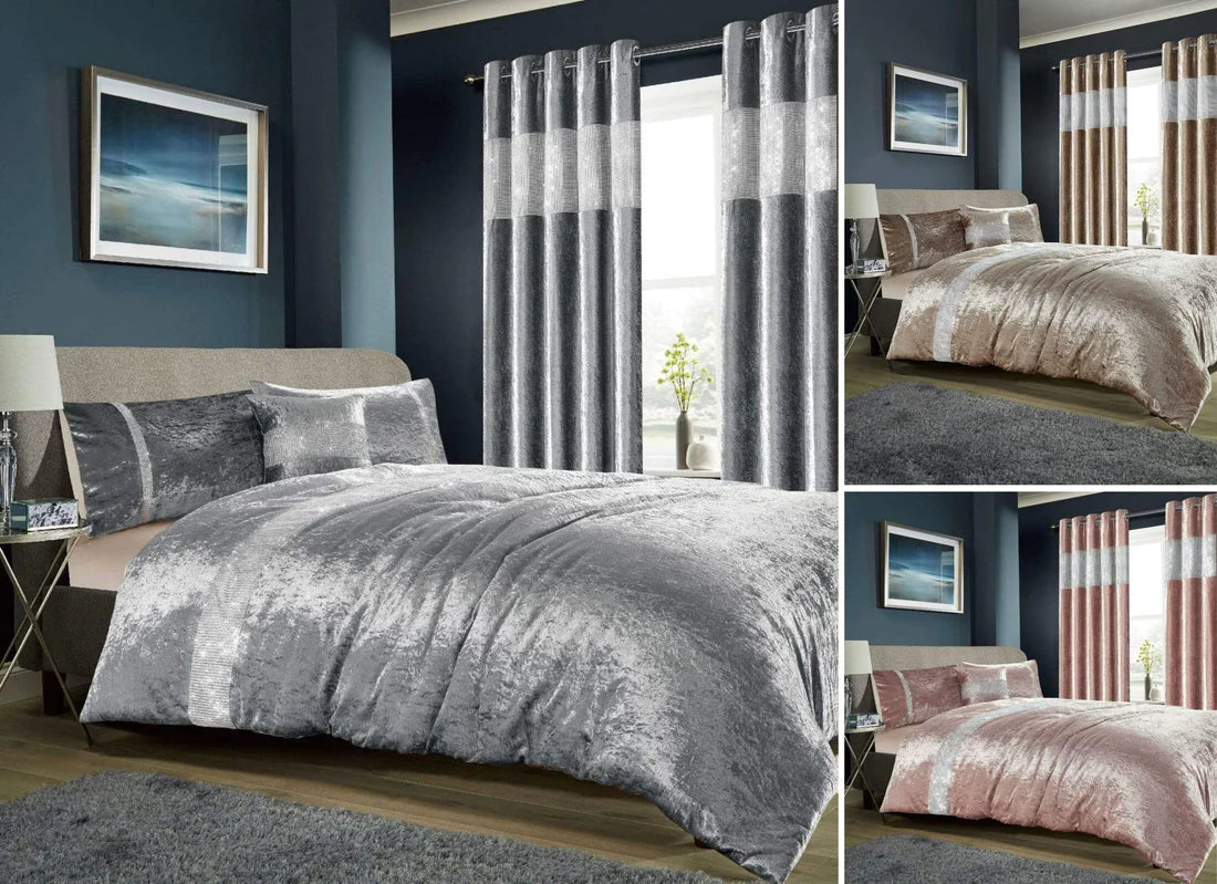 Diamante Crushed Velvet Duvet Set Breathable Luxurious OEKO-TEX Certified Bedding in Double King Super King Sizes Available in Silver Champagne Blush Pink
