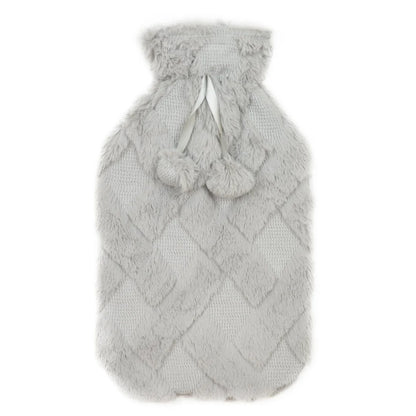 Diamond Fleece Plush Hot Water Bottle 2L with Pom Poms for Ultimate Warmth and Comfort
