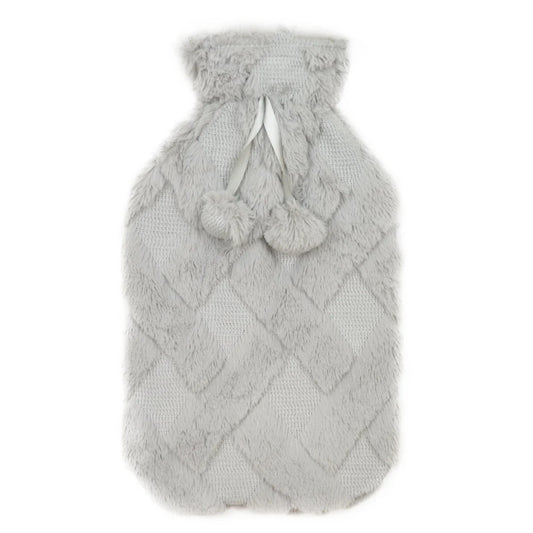 Diamond Fleece Plush Hot Water Bottle 2L with Pom Poms for Ultimate Warmth and Comfort