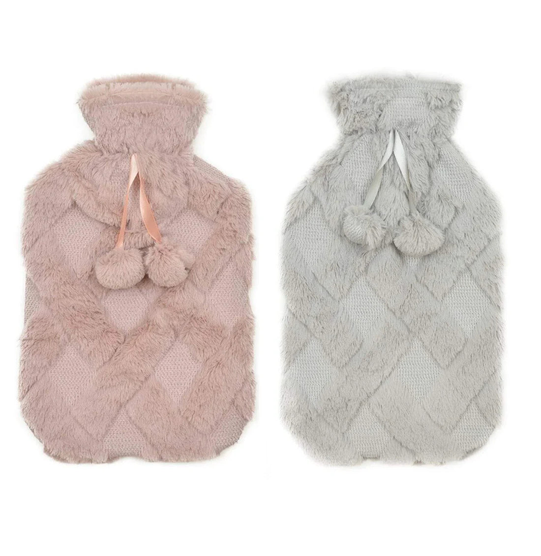 Diamond Fleece Plush Hot Water Bottle 2L with Pom Poms for Ultimate Warmth and Comfort