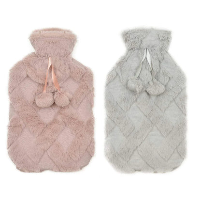 Diamond Fleece Plush Hot Water Bottle 2L with Pom Poms for Ultimate Warmth and Comfort