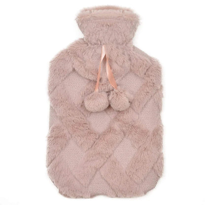 Diamond Fleece Plush Hot Water Bottle 2L with Pom Poms for Ultimate Warmth and Comfort