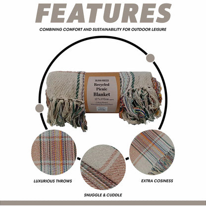 Eco-Friendly Recycled Cotton Picnic Blanket Check Stripe Design Super Soft Cosy