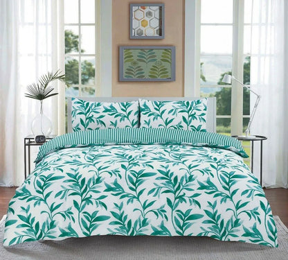 Ellie Leaf Floral Duvet Cover Set with Pillowcase Reversible Stripes Bedding Set