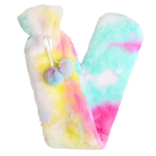 Extra Long Rainbow Tie Dye 2L Hot Water Bottle with Soft Faux Fur Cover for Muscle Pain Relief and Warmth Natural Rubber Bottle