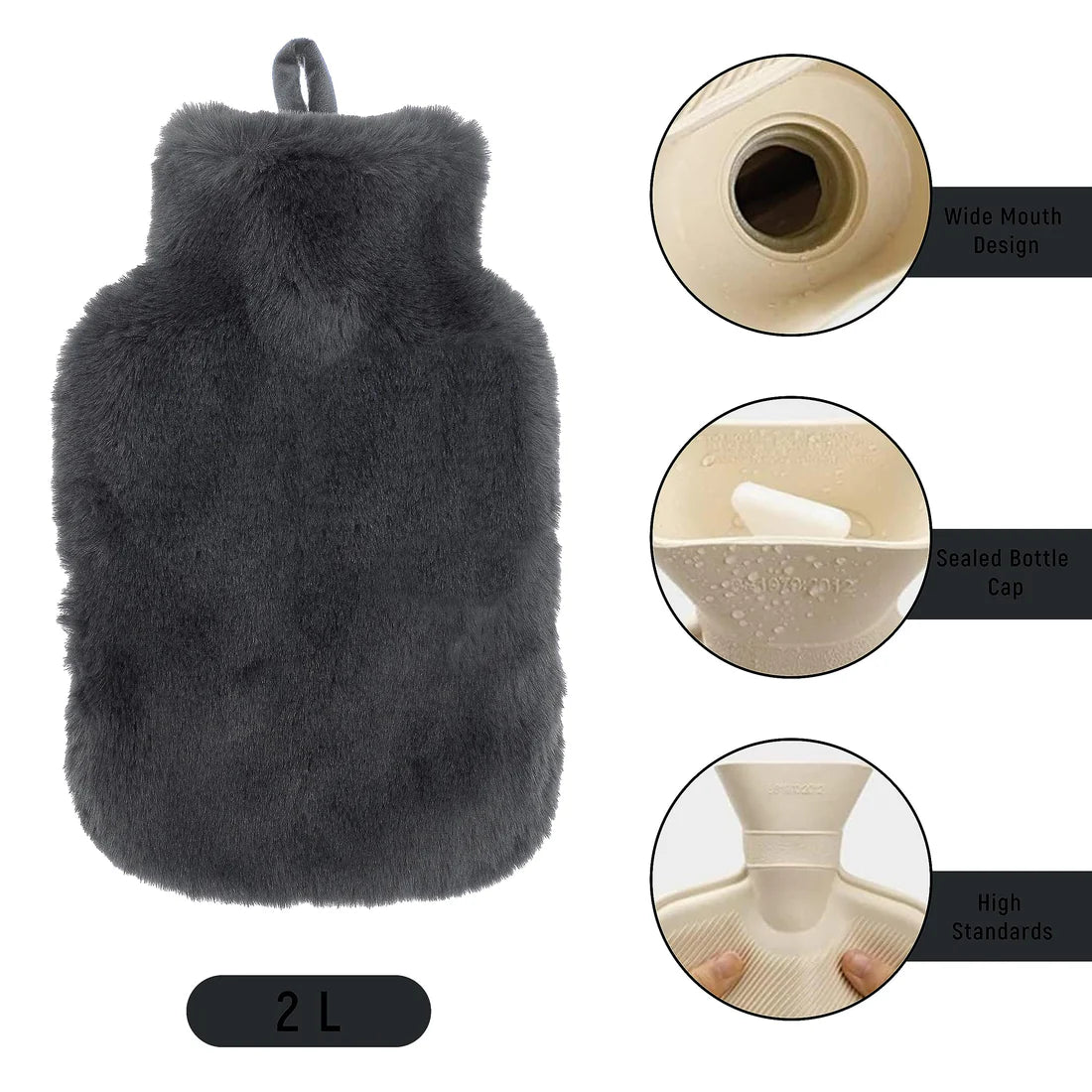 Faux Fur Covered 2 Litre Luxury Hot Water Bottle for Thermotherapy and Pain Relief Durable Natural Rubber for Winter Warmth