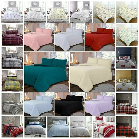 Flannelette 100% Brushed Cotton Duvet Quilt Cover Set All Sizes
