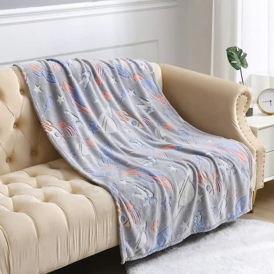 Glow In The Dark Throw Space Fleece Kids Fluffy Cosy Bedroom Spaceships Blanket