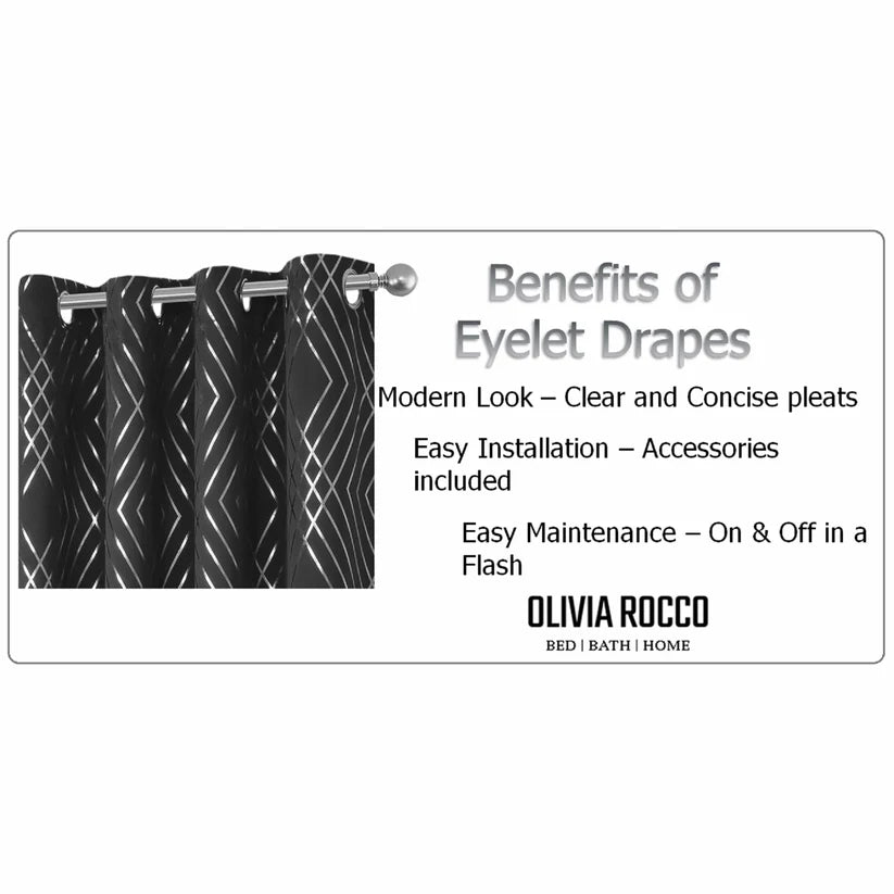 Geometric Black Sparkle Blackout Curtains Soft Thermal Insulated Eyelet Ring Top Living Room & Bedroom Drapes