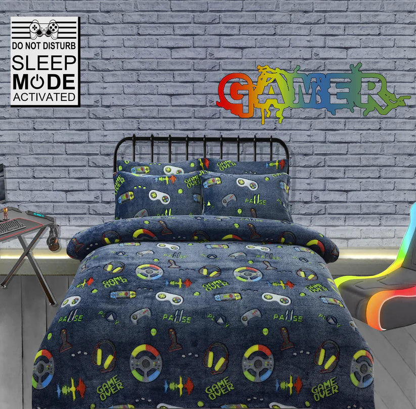 Glow In The Dark Teddy Fleece Duvet Set for Kids Warm Cosy Bedding Perfect for Winter