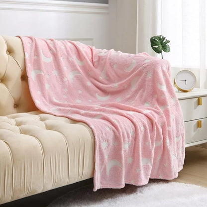 Glow In The Dark Throw Pink Moon & Stars Soft Cosy Fleece Kids Blanket Throw