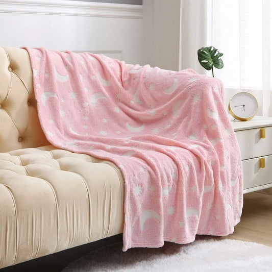 Glow In The Dark Throw Pink Moon & Stars Soft Cosy Fleece Kids Blanket Throw
