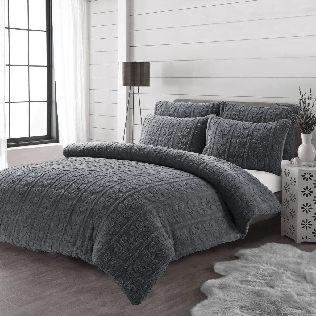 Teddy Fleece Leaf Duvet Set Grey, Beige, Green