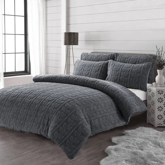 Teddy Fleece Leaf Duvet Set Grey, Beige, Green