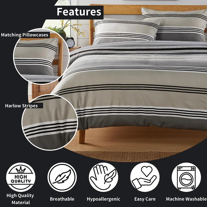 Harlow Stripes Grey Reversible Quilted Duvet Cover Set