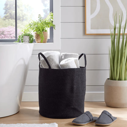 Large Woven Cotton Laundry Basket with Handles Durable Rope Storage Bin for Clothes Toys Household Items Versatile Organizer in Black Grey Natural