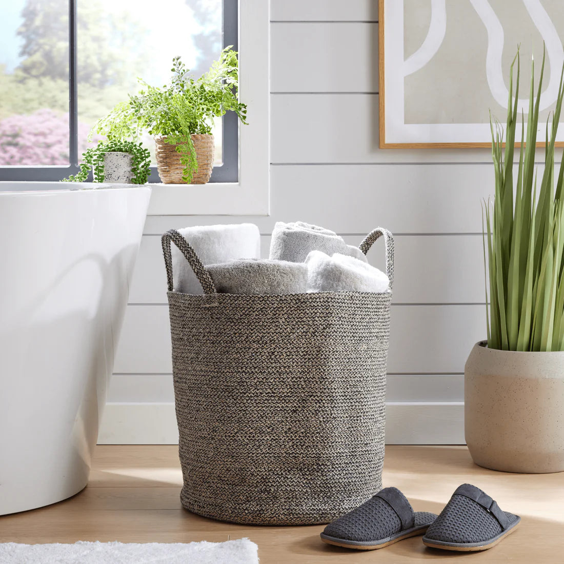 Large Woven Cotton Laundry Basket with Handles Durable Rope Storage Bin for Clothes Toys Household Items Versatile Organizer in Black Grey Natural
