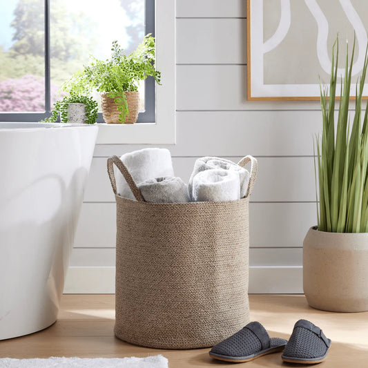 Large Woven Cotton Laundry Basket with Handles Durable Rope Storage Bin for Clothes Toys Household Items Versatile Organizer in Black Grey Natural