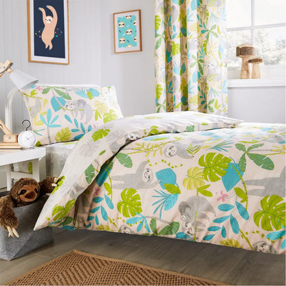 Lazy Sloth Kids Duvet Set Soft Cotton Blend Bedding with Pillowcase and Matching Curtains