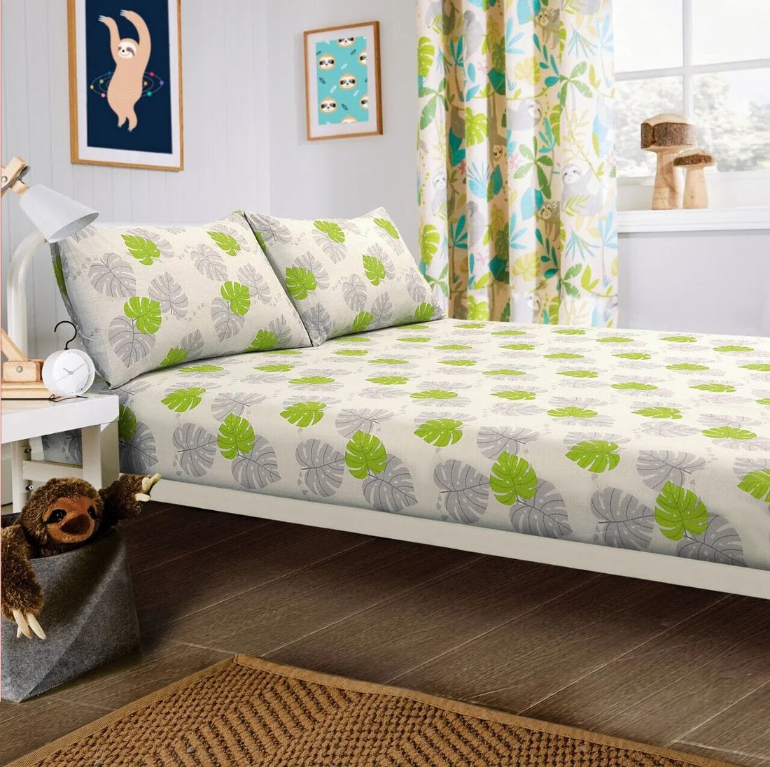 Lazy Sloth Kids Duvet Set Soft Cotton Blend Bedding with Pillowcase and Matching Curtains