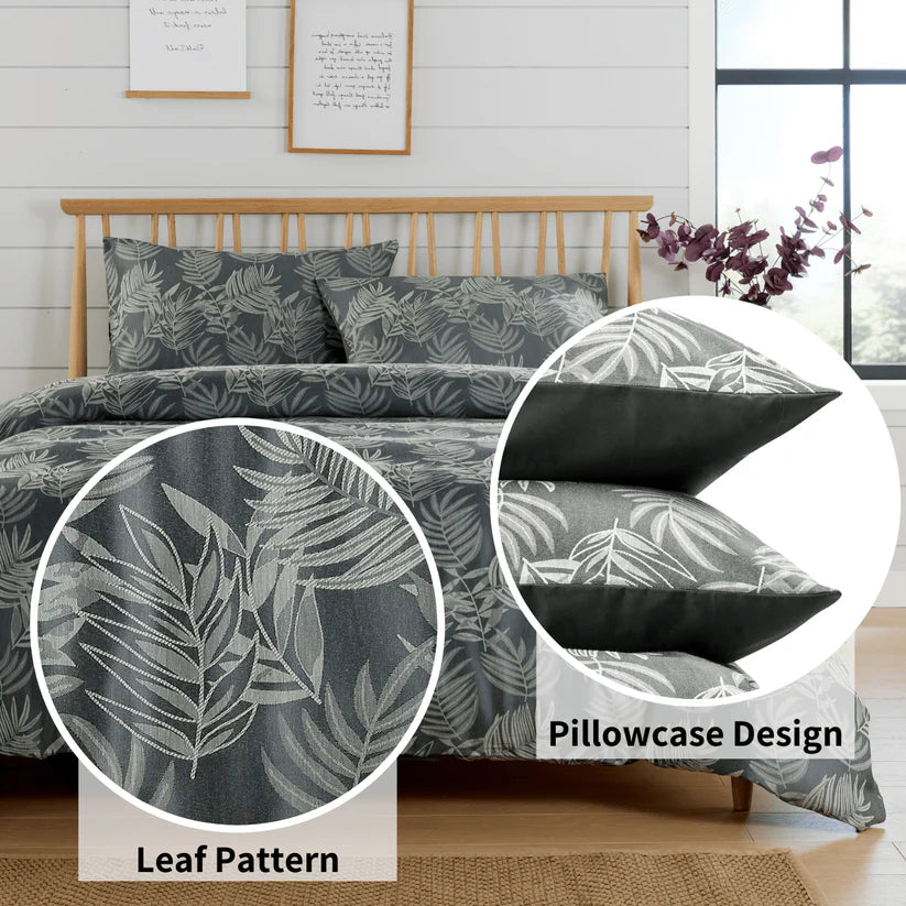 Leaf Jacquard Reversible Duvet Cover Sets in Grey and Pink with Cotton Blend