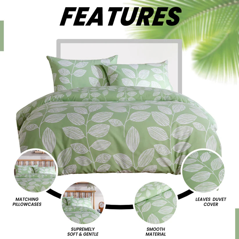 Leaf Print Reversible Cotton Rich Duvet Cover Set