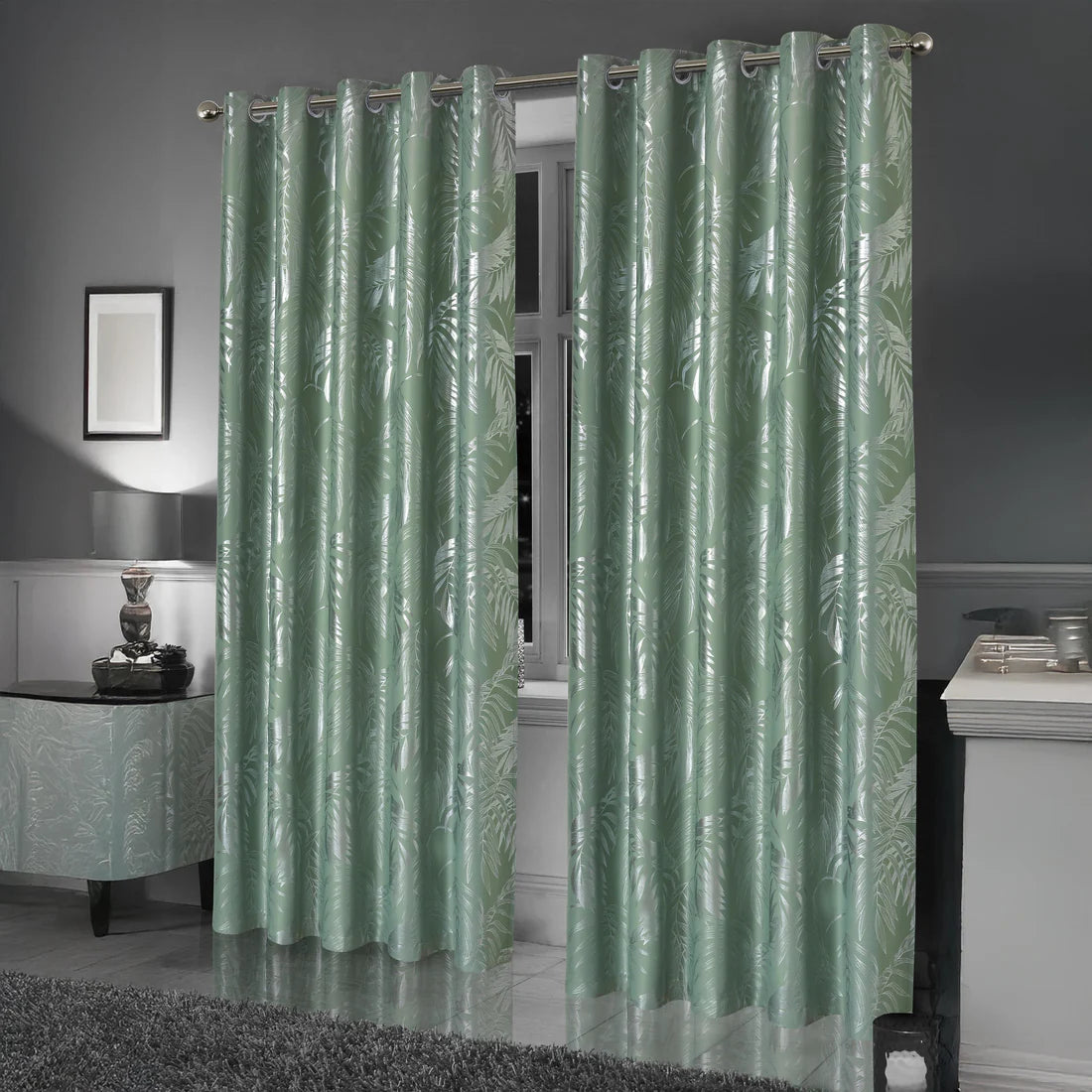 Leaf Sage Green Sparkle Blackout Curtains Super Soft Thermal Insulated Eyelet Drapes for Living Room & Bedroom 2 Panels