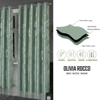 Leaf Sage Green Sparkle Blackout Curtains Super Soft Thermal Insulated Eyelet Drapes for Living Room & Bedroom 2 Panels
