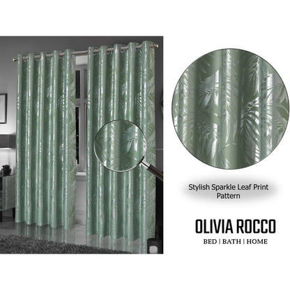Leaf Sage Green Sparkle Blackout Curtains Super Soft Thermal Insulated Eyelet Drapes for Living Room & Bedroom 2 Panels