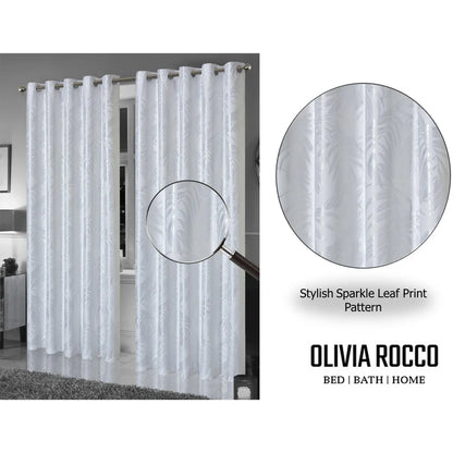 Leaf White Sparkle Blackout Curtains Super Soft Thermal Insulated Eyelet Drapes for Living Room & Bedroom 2 Panels