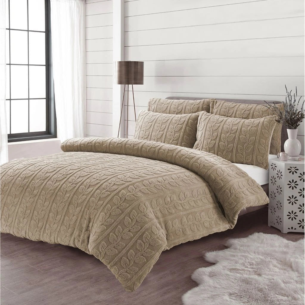 Teddy Fleece Leaf Duvet Set Grey, Beige, Green