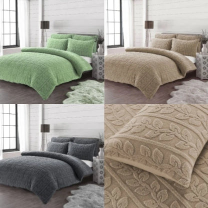 Teddy Fleece Leaf Duvet Set Grey, Beige, Green