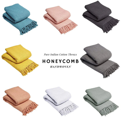 Lisbon Pure Indian Cotton Handwoven Honeycomb Throw Blanket Luxurious Soft and Elegant Design for Sofa Bed or Living Room Available in 10 Colours and Sizes